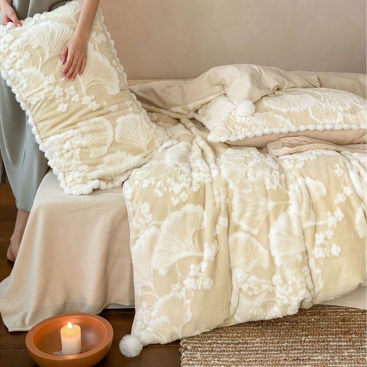 Plush Embossed Botanical Velvet Comforter & Pom-Pom Trim Pillow Sham Set