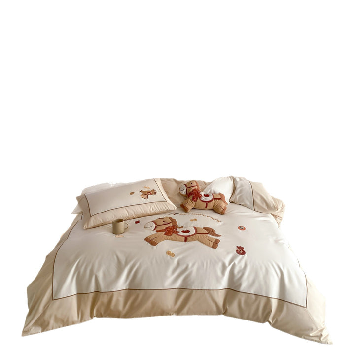 Horse Motif Cotton Sateen Duvet Cover Set with Embroidered Appliqué Pillow Shams
