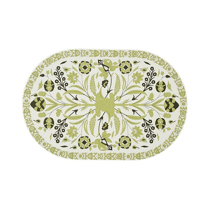 Oval table mat made of wipeable cotton-linen mix with intricate floral print