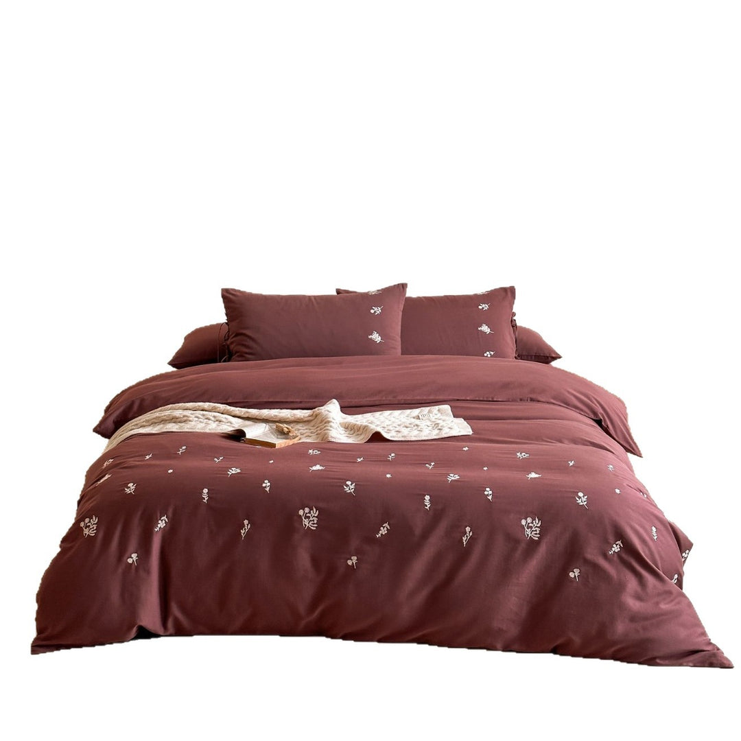 Embroidered Mini Floral Cotton Sateen Duvet Cover Set with Pillow Shams