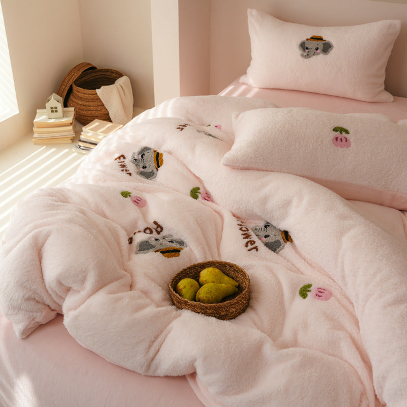 Plush Sherpa Embroidered Cartoon Dog Duvet Cover Set