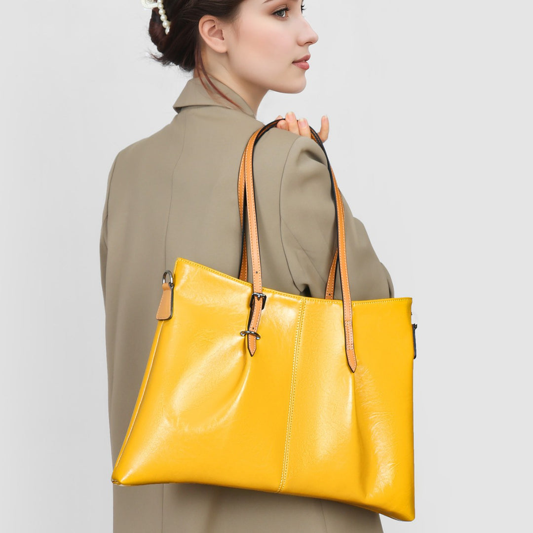 Large Glossy Leather Tote Shoulder Bag with Buckle Straps