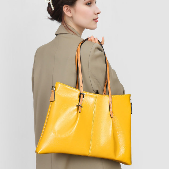Large Glossy Leather Tote Shoulder Bag with Buckle Straps