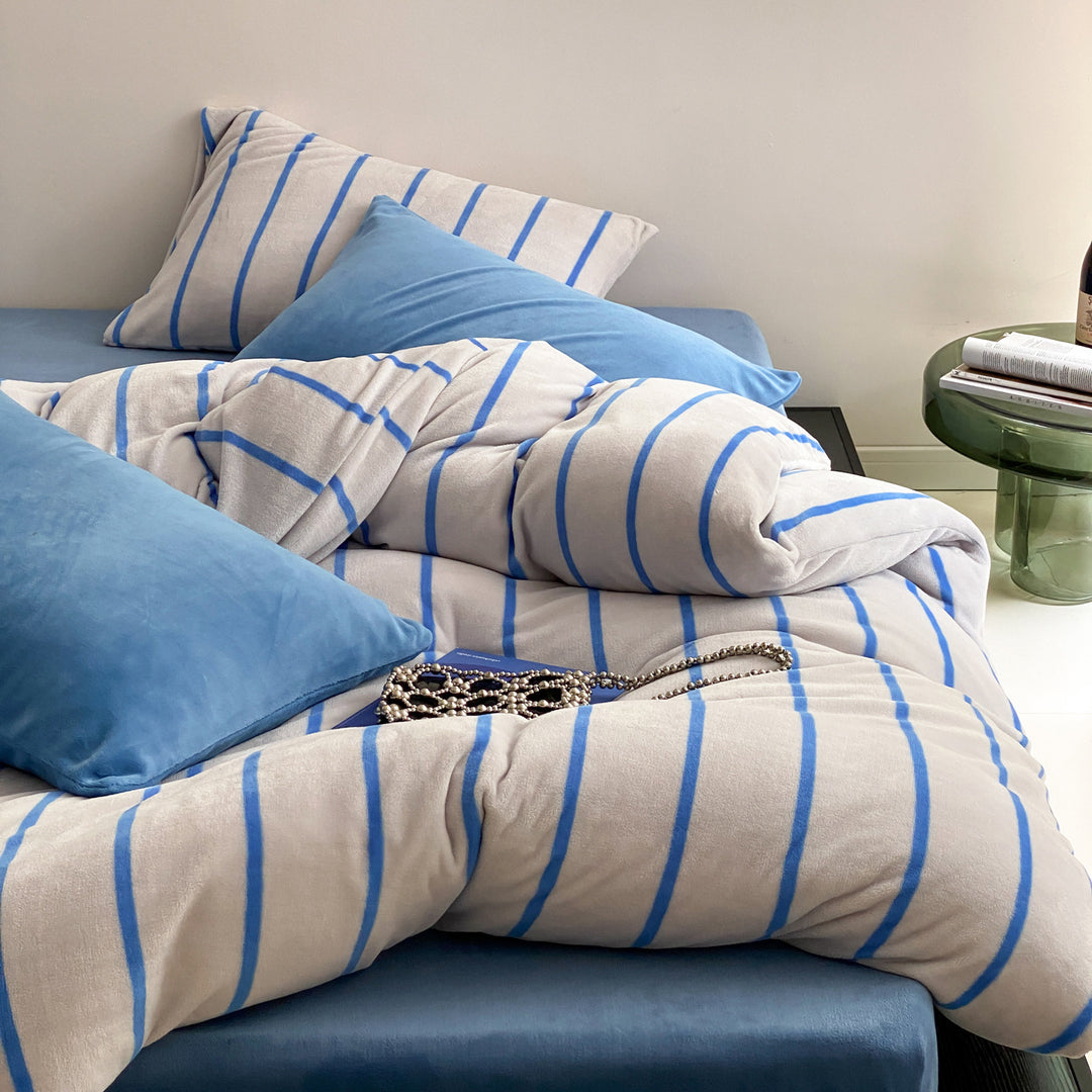 Brushed Cotton Flannel Striped Duvet Cover & Pillowcase Set with Hidden Zip & Corner Ties