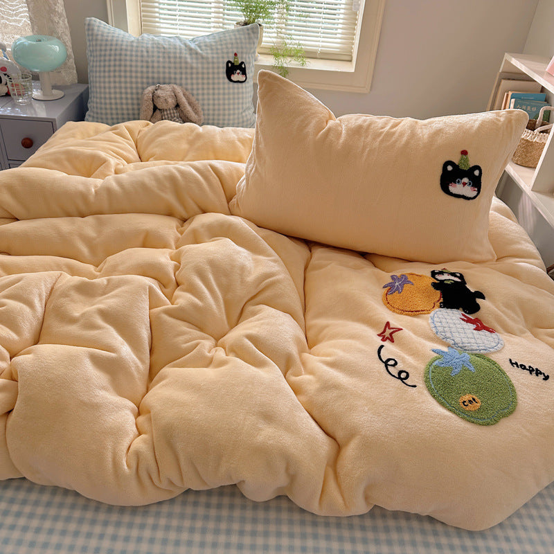 Plush Embroidered Cat Stripe Comforter Bedding Set