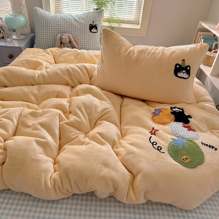 Plush Embroidered Cat Stripe Comforter Bedding Set