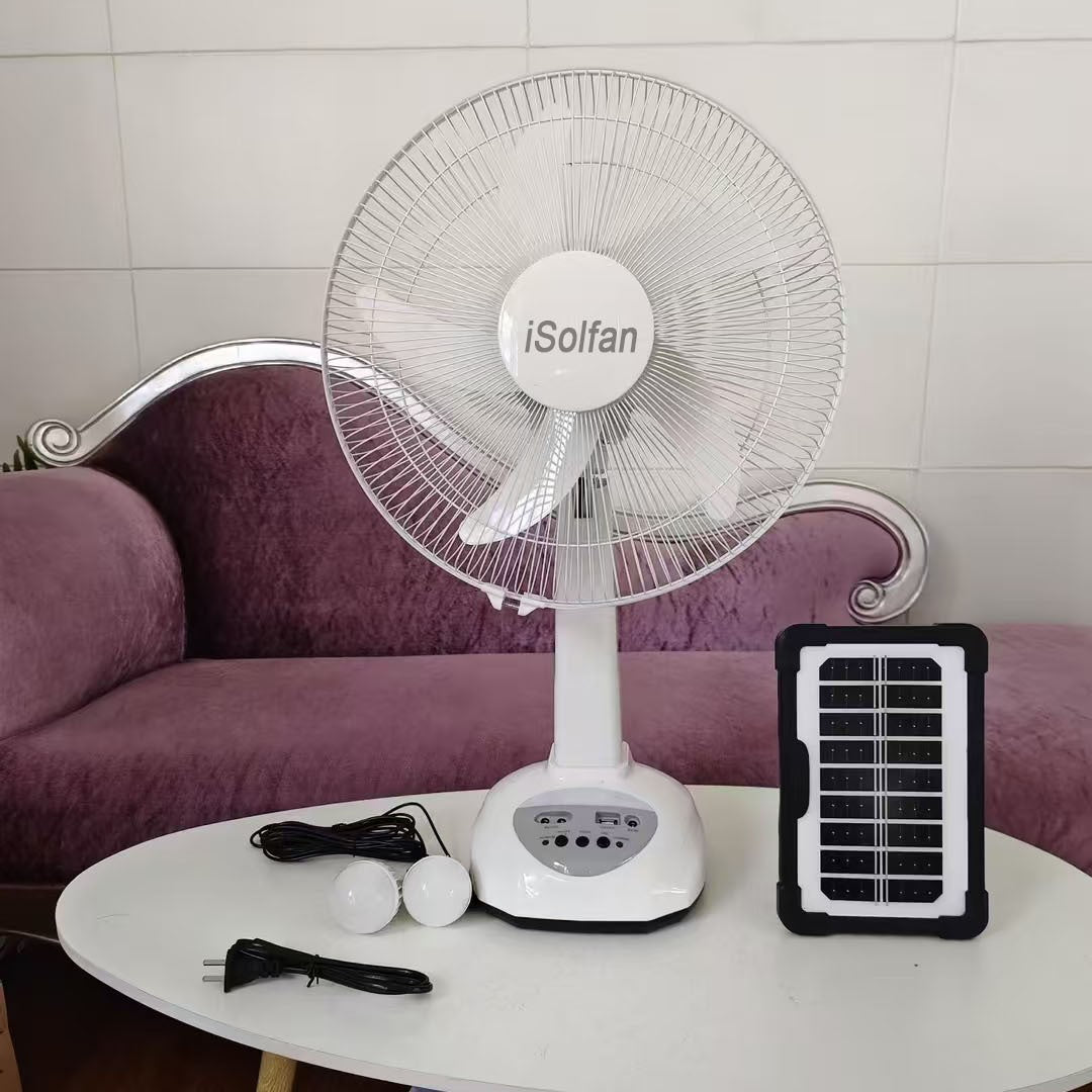 Women's portable solar stand fan with LED lighting and integrated USB connection Stornfield