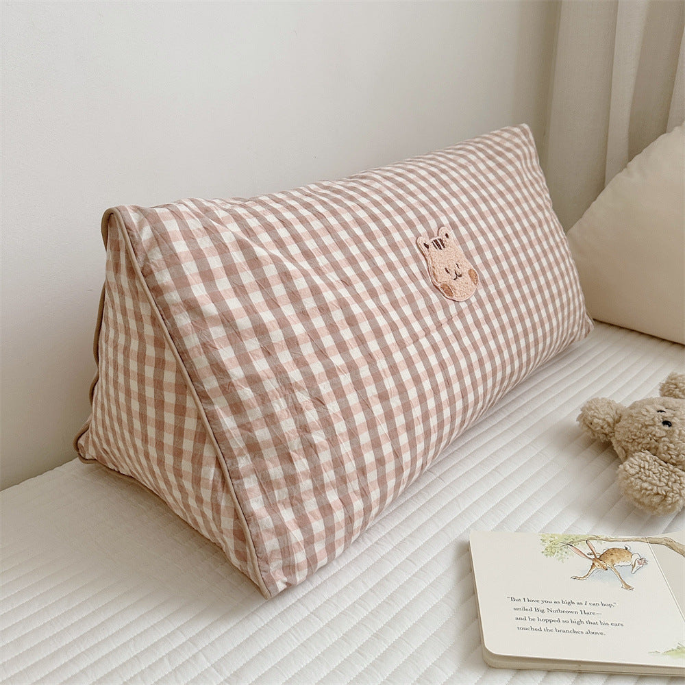 Gingham Bolster Nursery Pillow with Embroidered Daisy Appliqué Cotton Cover