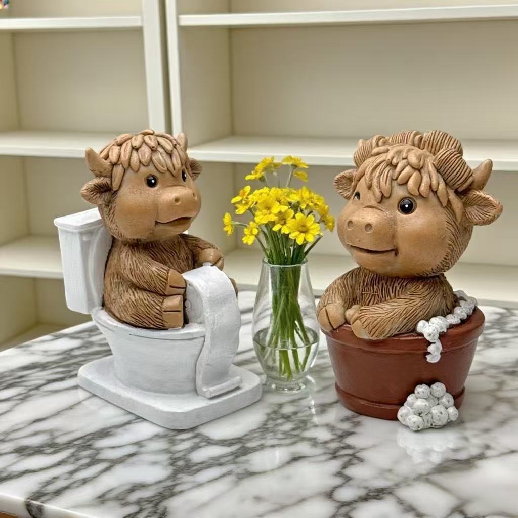 Funny decorative figure of a Highland cow on toilet Stornfield