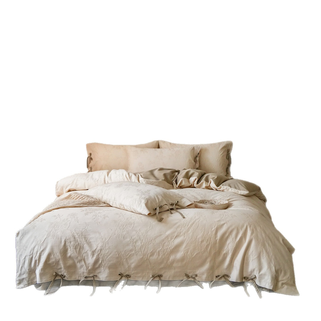 Floral Jacquard Cotton Duvet Cover Set with Tie-Closure Pillow Shams