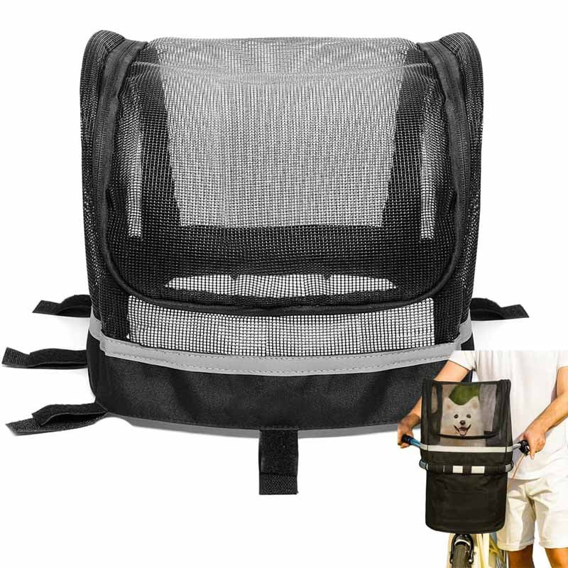 front-mounted pet bike basket with breathable mesh canopy reflective trim and secure strap system Stornfield