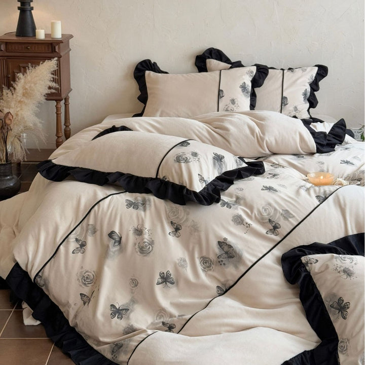 Ruffled Floral Embroidered Cotton Duvet Cover Set with Contrasting Piping