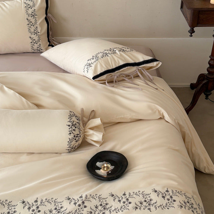 Embroidered Cotton Sateen Duvet Cover Set with Tie-Sham and Decorative Bolster