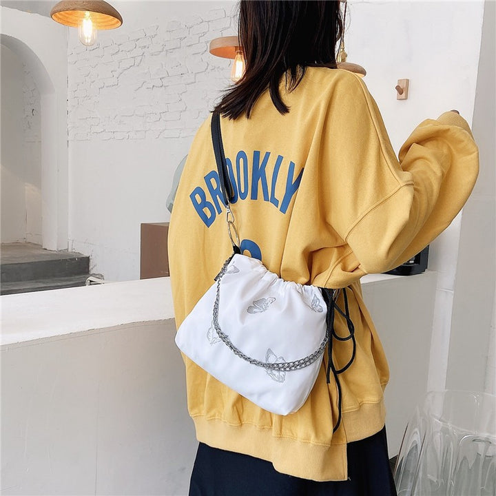 Elegant Drawstring Butterfly Print Handbag