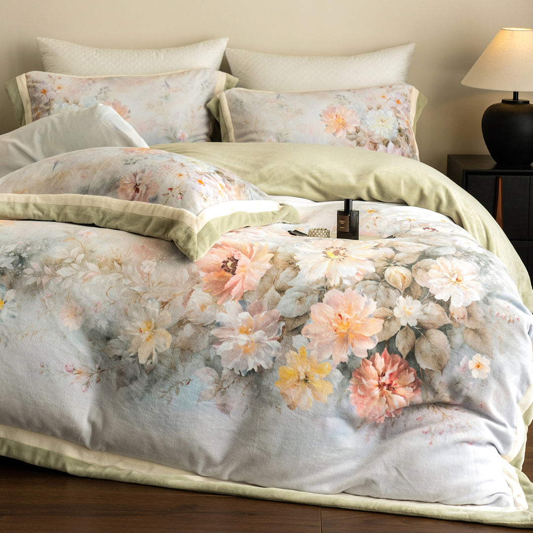 Floral Watercolor Plush Microfiber Duvet Cover Set with Reversible Back and Pillow Shams