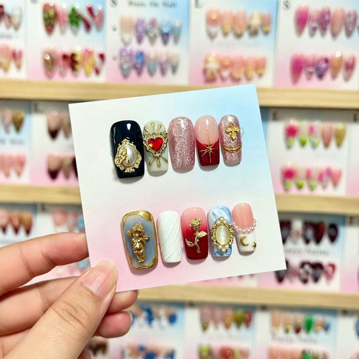 Creative Decorative Press-On Nail Art Set with Charms and Unique Designs