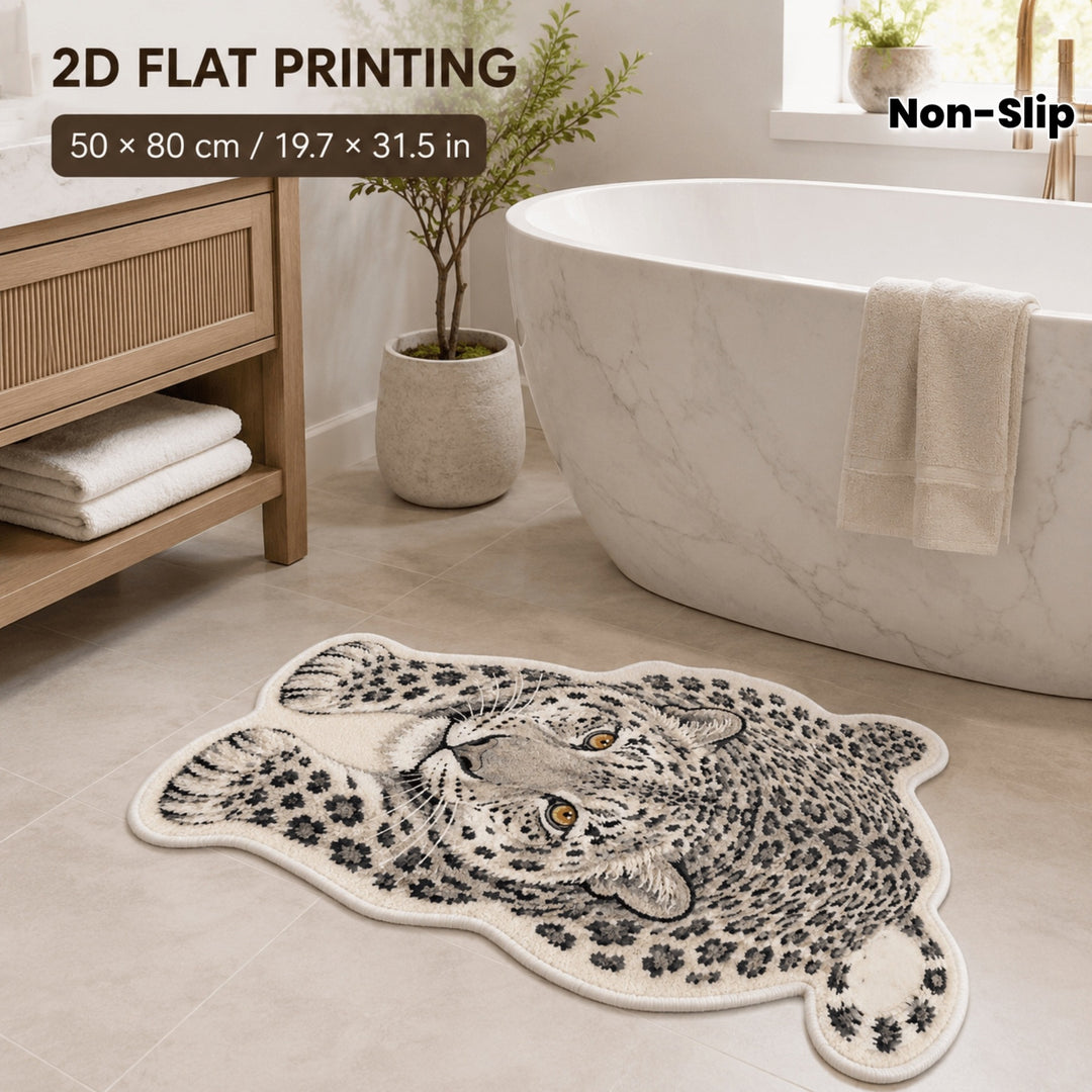 Non-slip leather look bath mat with leopard print