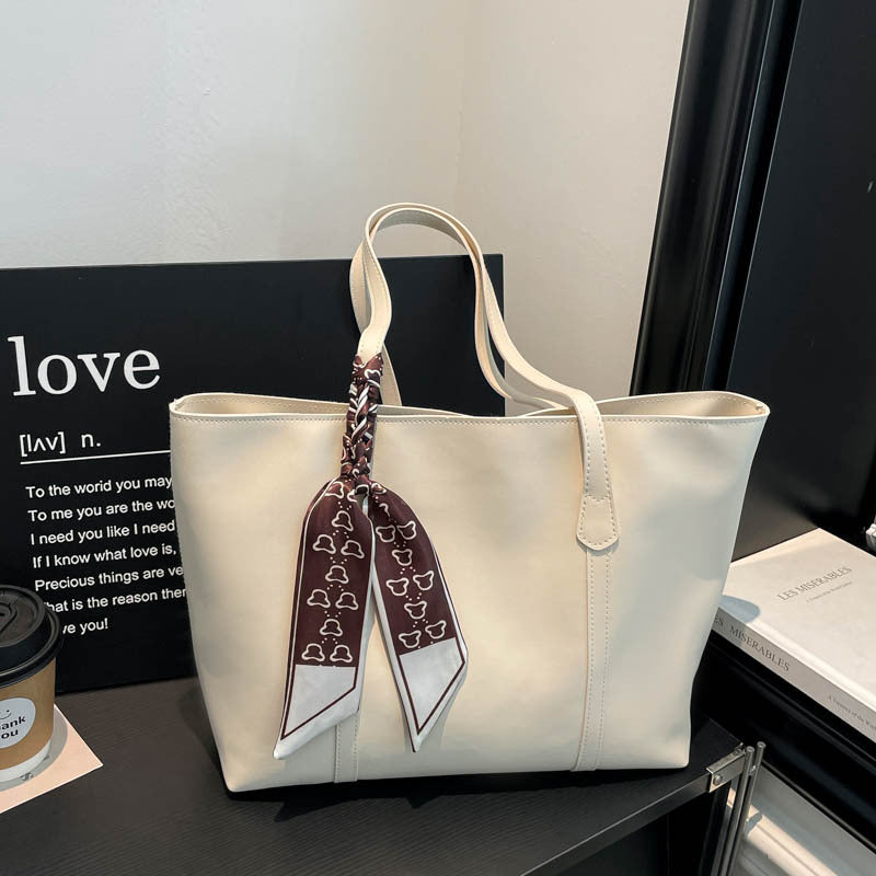 Classic Leather Tote Bag with Decorative Scarf