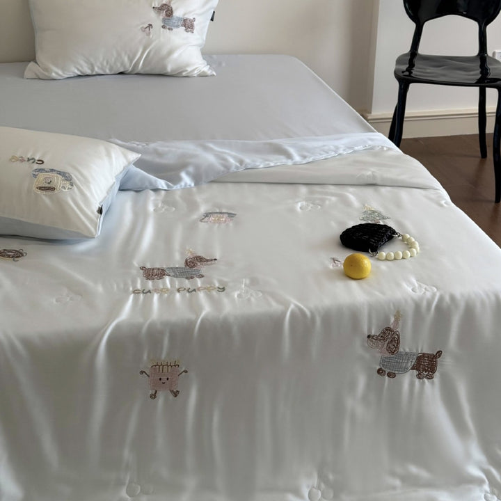 Silk Satin Bedding Set with Subtle Animal Embroidery and Luxurious Shine