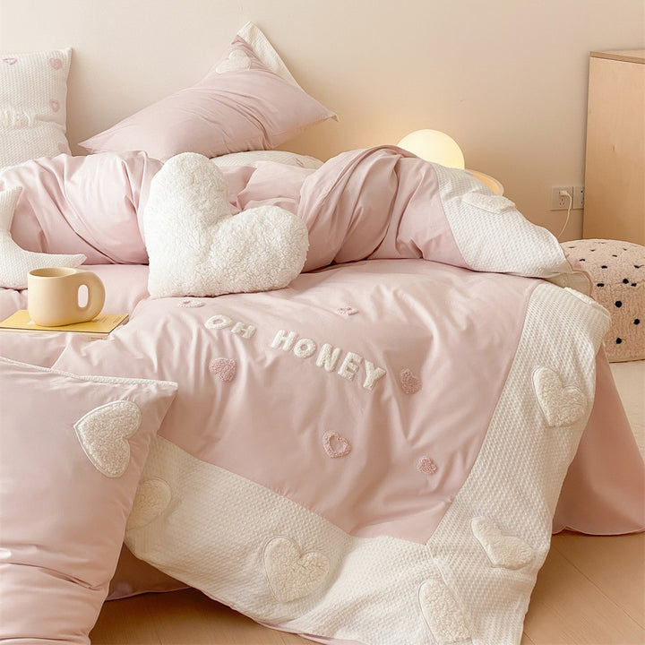 Romantic Embroidered Heart Cotton Duvet Cover Bedding Set