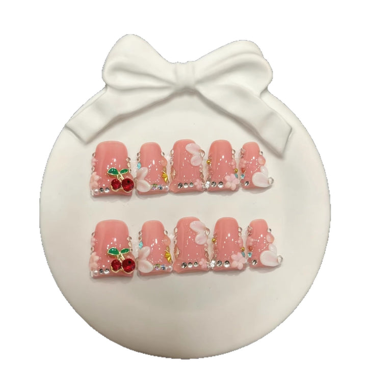 Decorative Press-On Nail Art Set with Floral and Cherry Accents