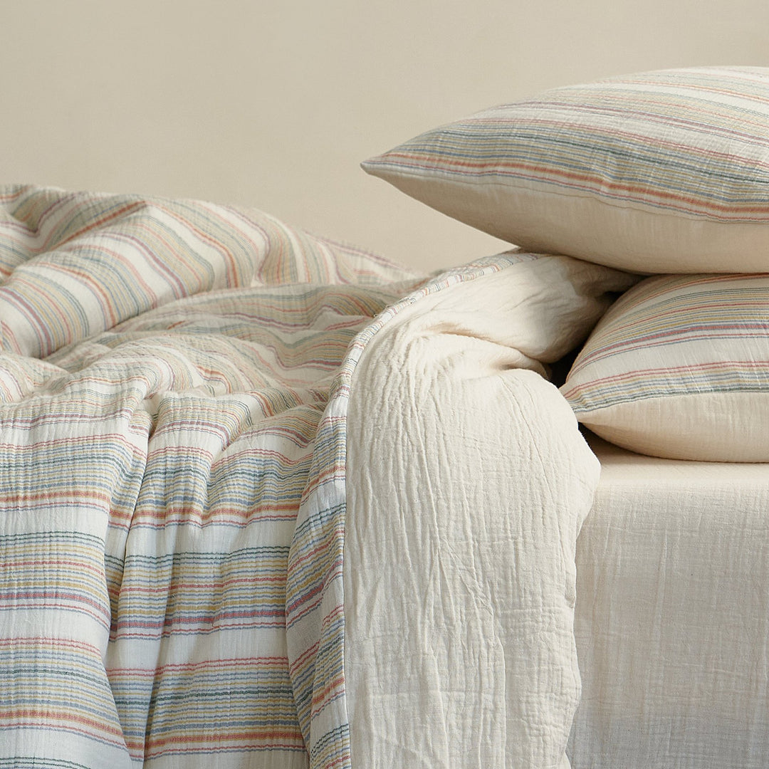 Breathable Striped Cotton-Linen Quilt and Pillowcase Bedding Set
