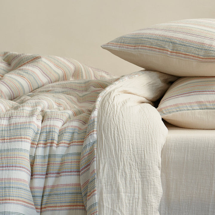 Breathable Striped Cotton-Linen Quilt and Pillowcase Bedding Set