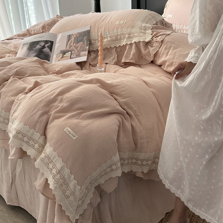 Ruffled Lace-Trim Cotton Duvet Cover Set with Decorative Pillow Shams and Bed Skirt