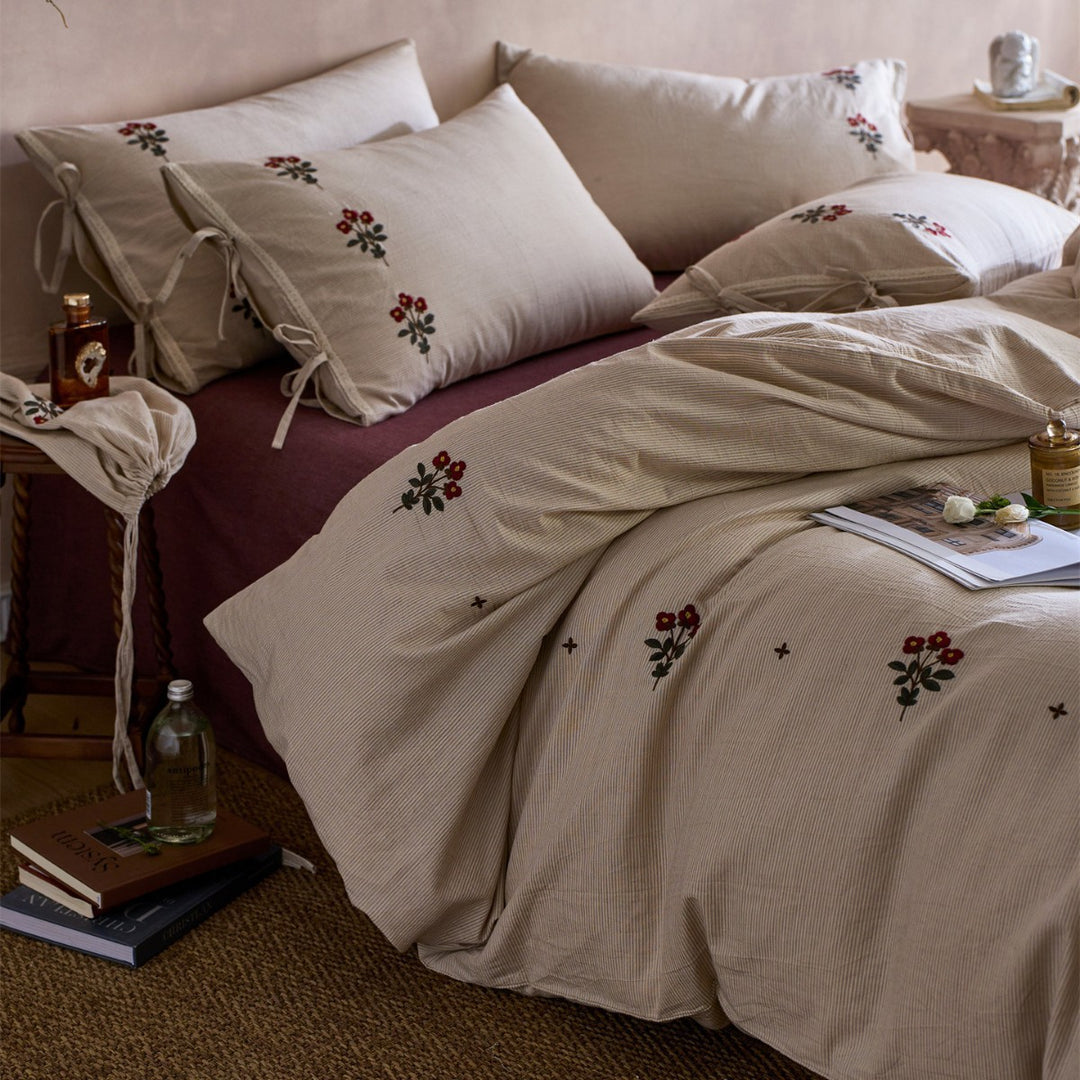 Embroidered Pinstripe Cotton-Linen Duvet Cover Set with Tie-Closure Pillow Shams