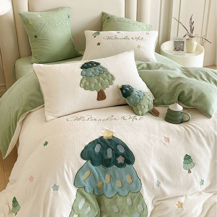 Quilted Embroidered Tree Applique Cotton Duvet Cover Set with Plush Decorative Pillowcases