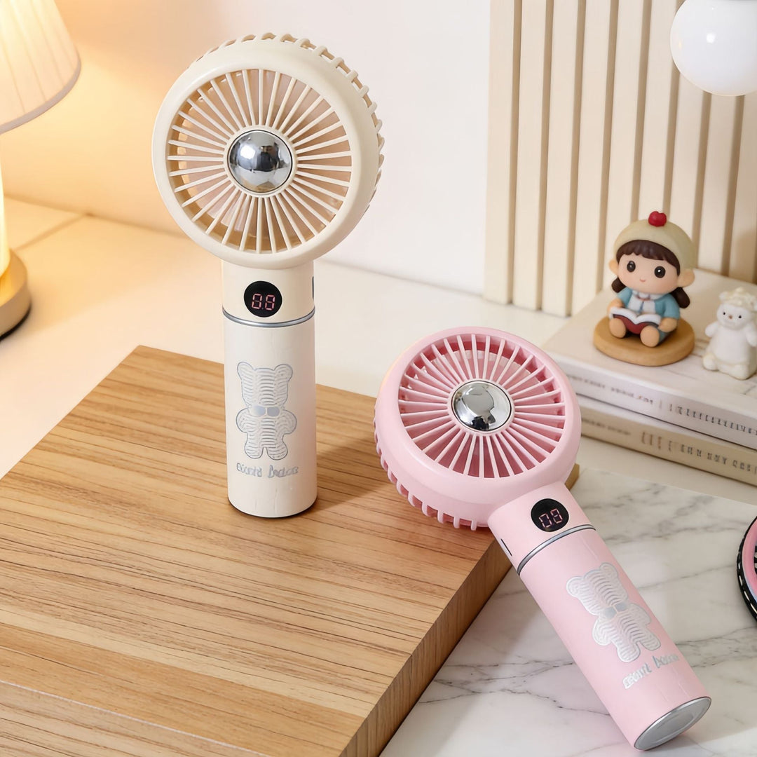 Ladies Portable Mini Hand Fan with Digital Temperature Display and Cute Bear Design Stornfield