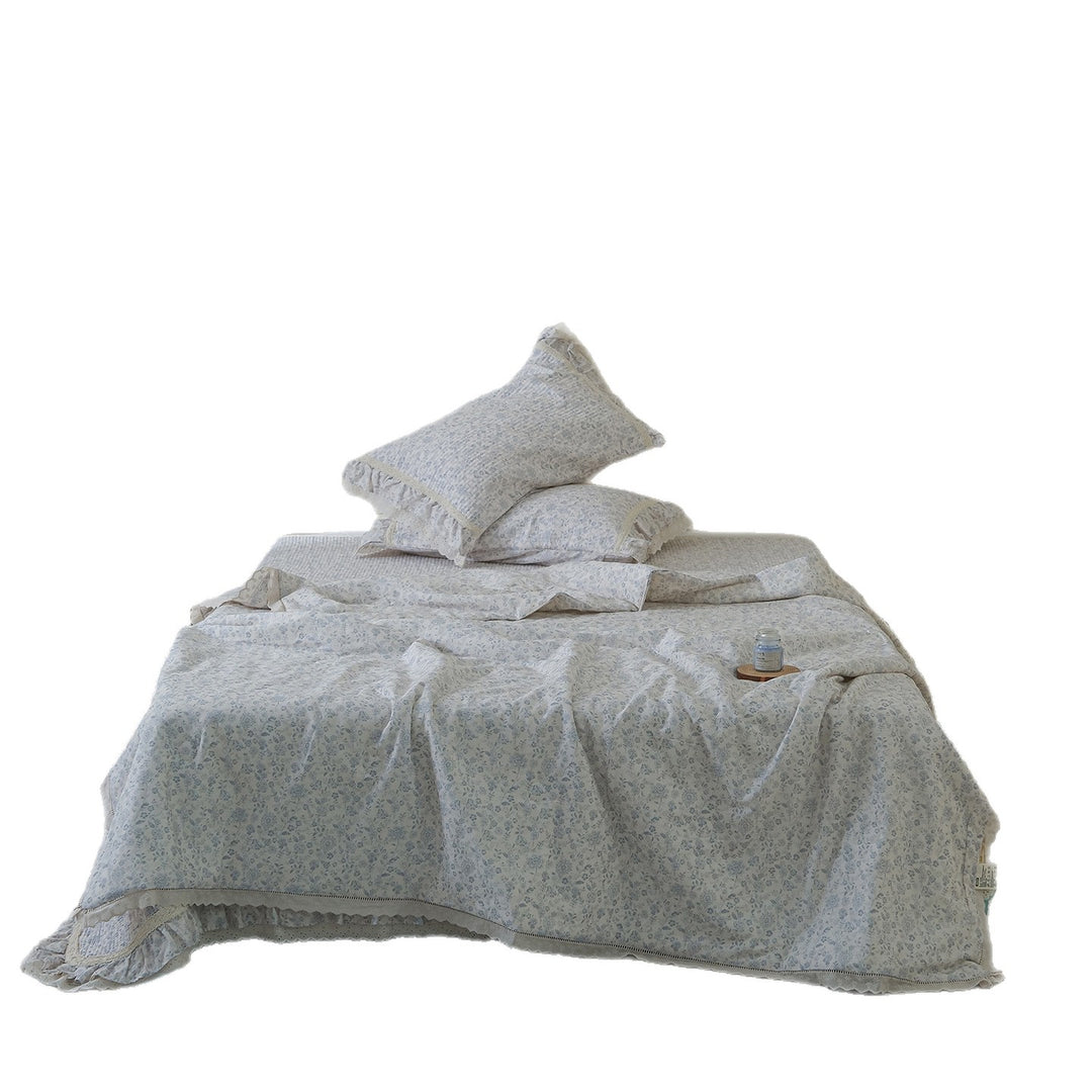Quilted Floral Cotton Bedspread Set with Eyelet Lace Ruffled Pillowcase