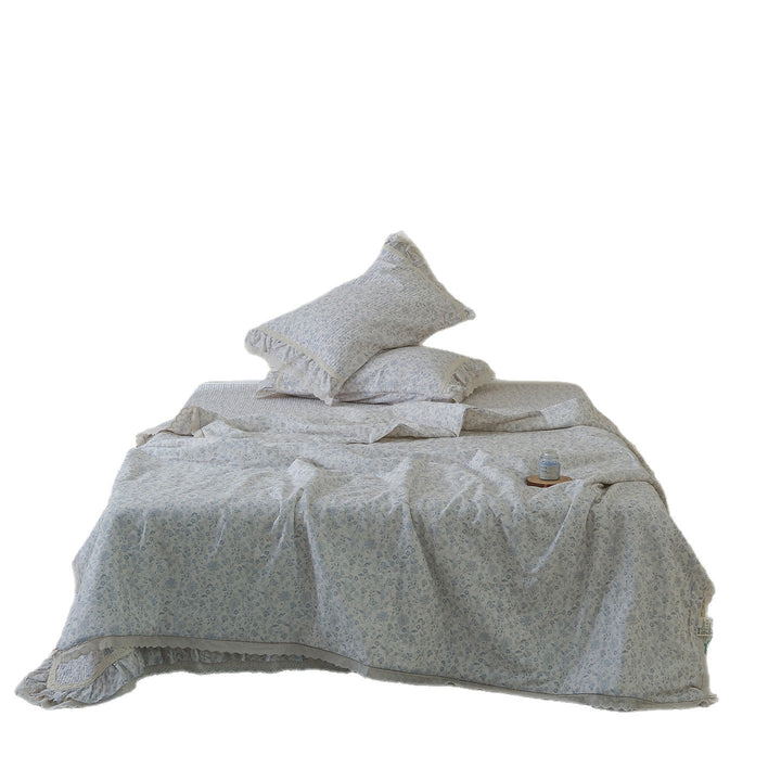 Quilted Floral Cotton Bedspread Set with Eyelet Lace Ruffled Pillowcase