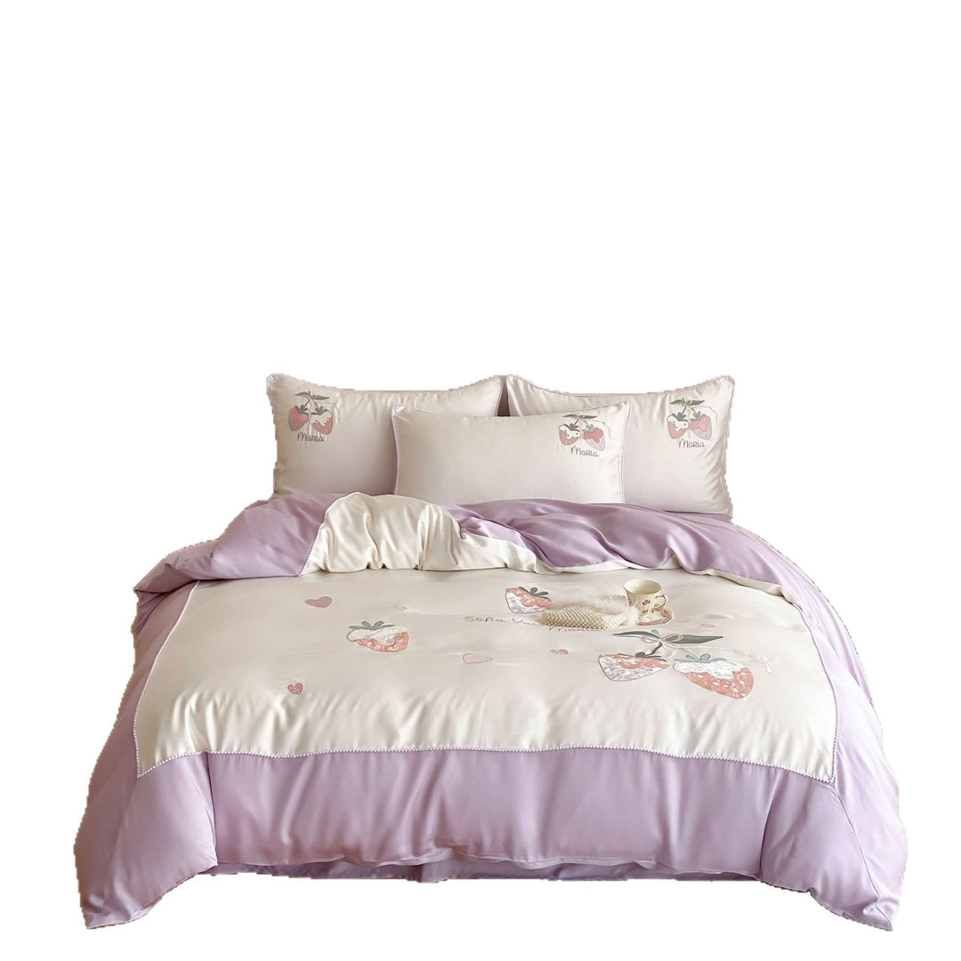Pastel Satin bedding set with hand-drawn strawberry motif and fine piping