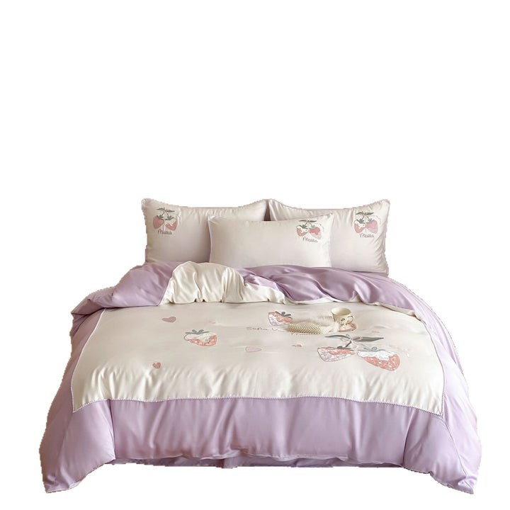Pastel Satin bedding set with hand-drawn strawberry motif and fine piping