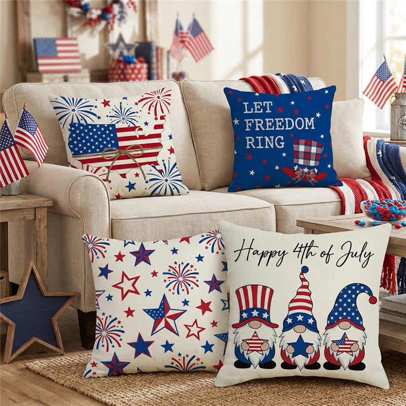 Decorative Cotton-Linen Throw Pillow Cover with Patriotic Star and Fireworks Print