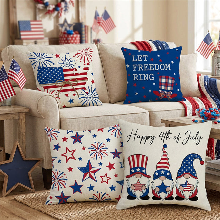 Decorative Cotton-Linen Throw Pillow Cover with Patriotic Star and Fireworks Print