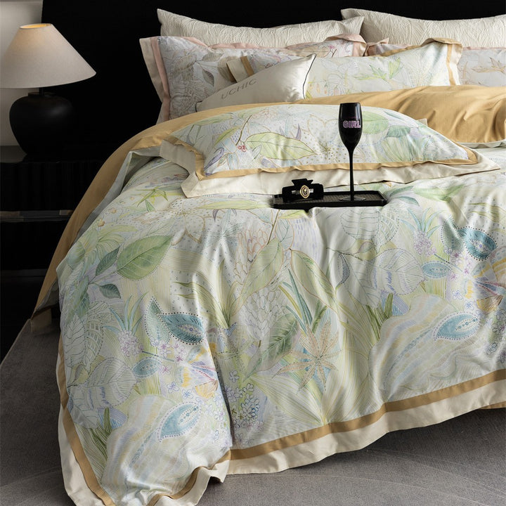 Botanical Cotton Sateen Duvet Cover Bedding Set with Contrast Border and Envelope Closure