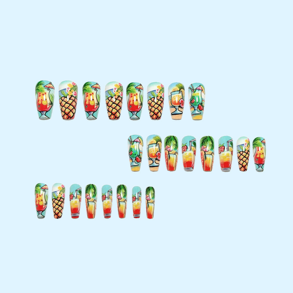 Artificial nail set with tropical drink motif and colorful accents Stornfield