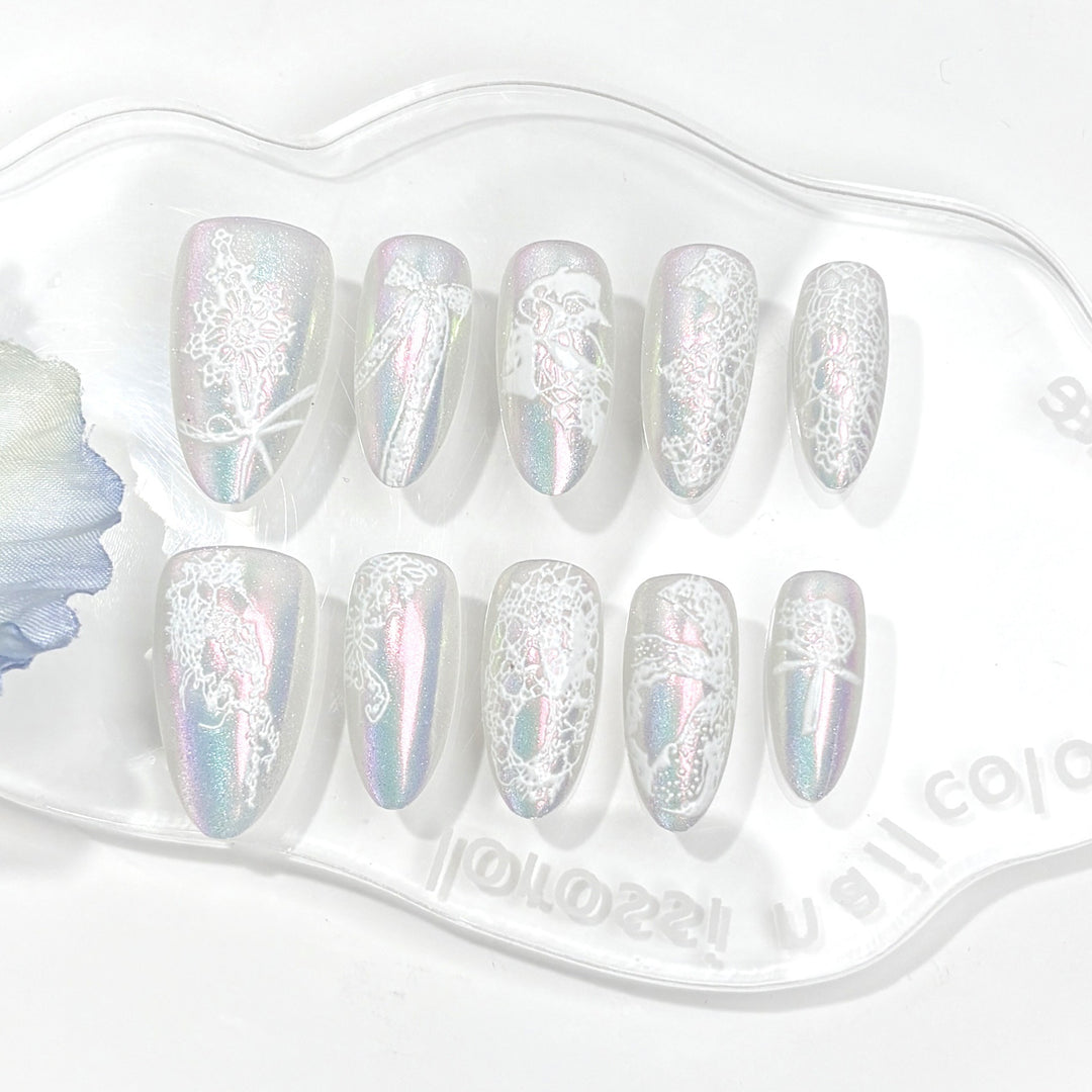 Press-On Nail Art Collection with Holographic Lace Design