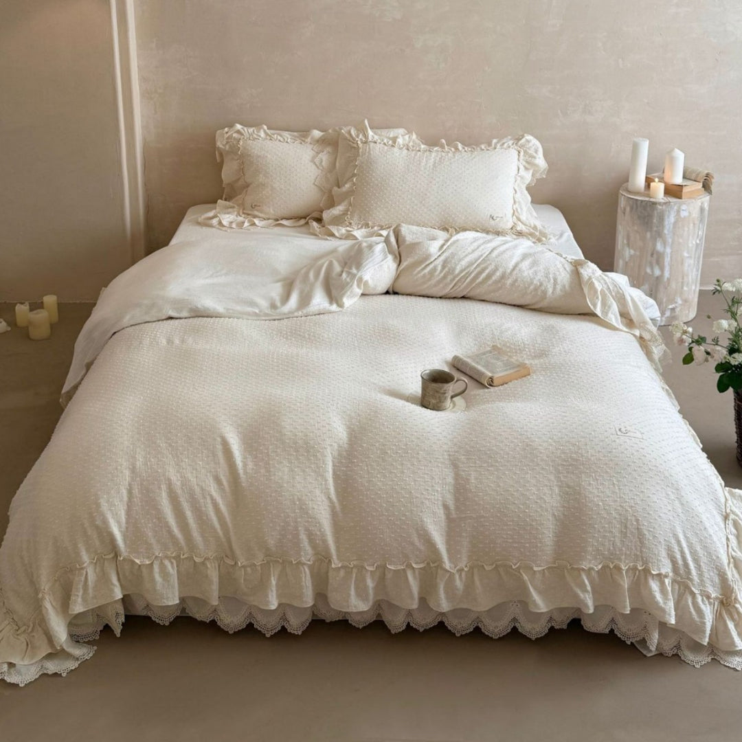 Ruffled Lace-Trim Cotton Duvet Cover Set with Decorative Pillow Shams