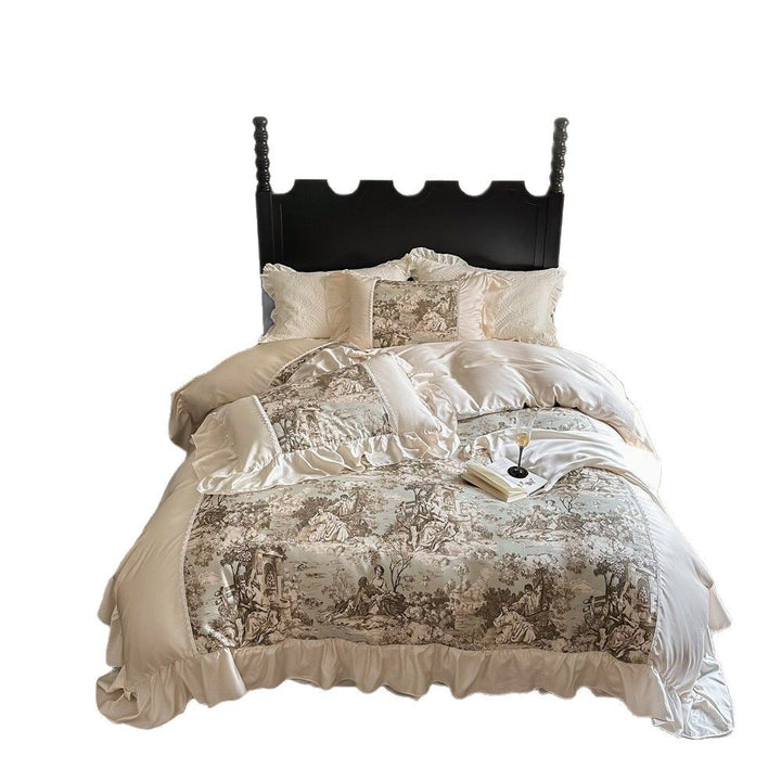 Luxurious satin bedding set with toile motif, ruffle and lace trim