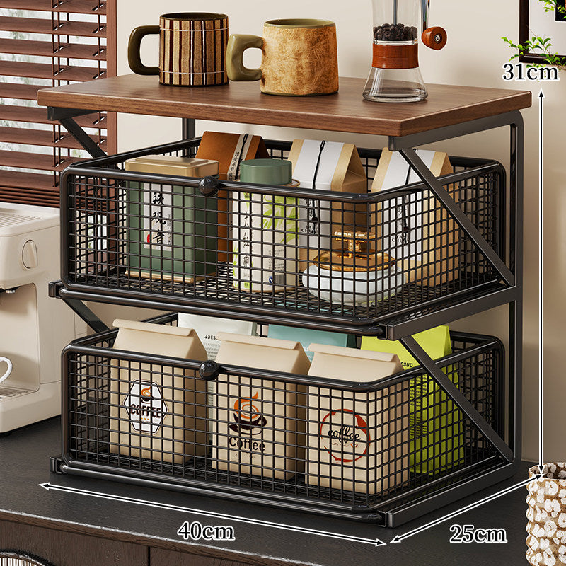 Countertop Coffee Station Organizer with Wooden Top and Metal Wire Basket