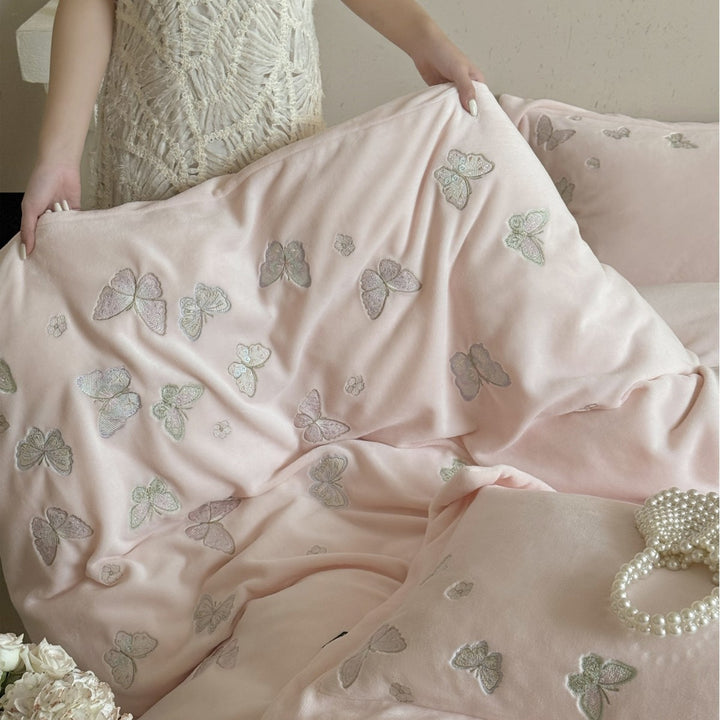 Embroidered Butterfly Plush Microfiber Duvet Cover Set