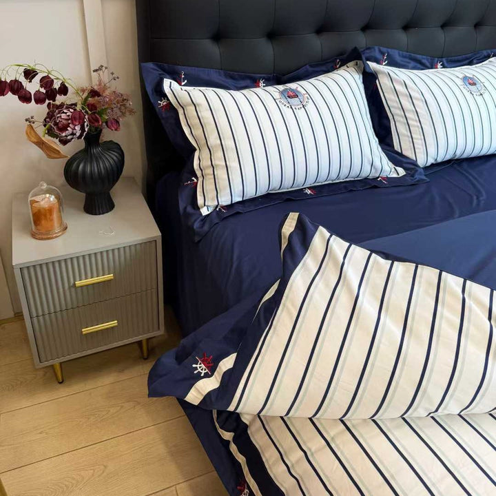 Striped Nautical Cotton Sateen Duvet Cover Set with Embroidered Anchor Details and Ruffled Bed Skirt