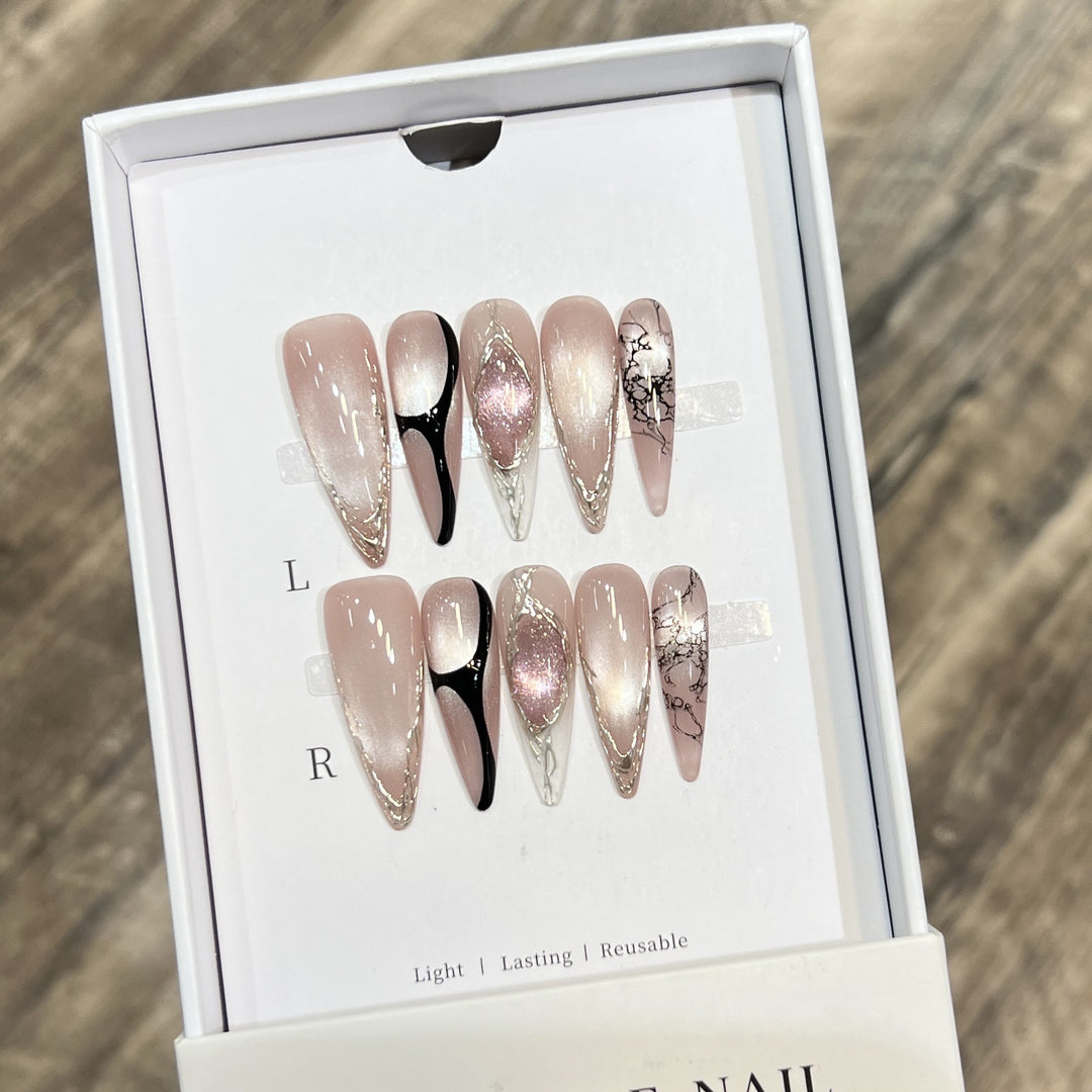 Artistic Stiletto Press-On Nail Set with Unique Marble Design Stornfield