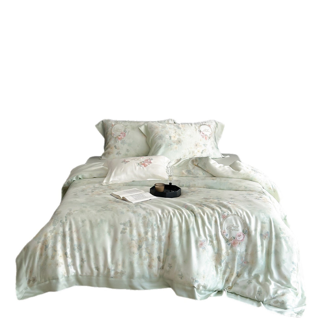 Satin-Feel Floral Bed Linen Set with Watercolor Botanical Print
