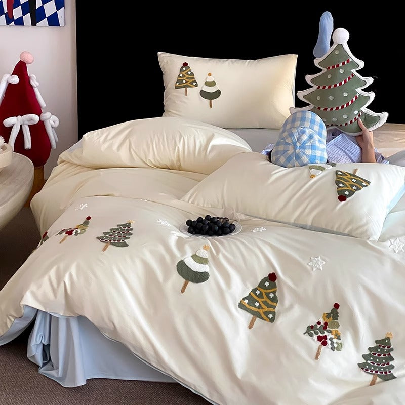 Embroidered Christmas Tree Cotton Sateen Duvet Cover Set