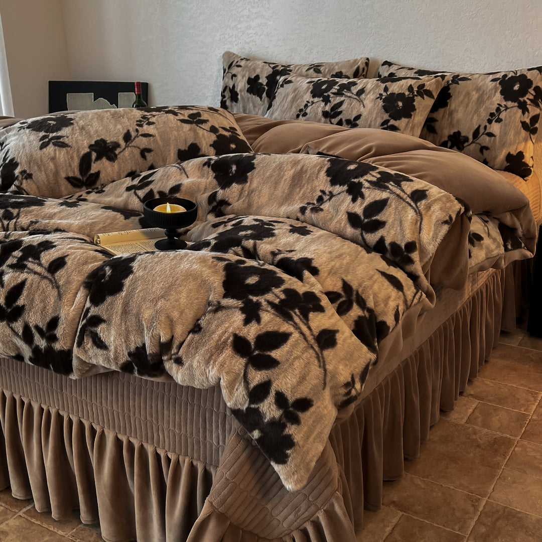 Plush Floral Flocked Reversible Duvet Comforter Set
