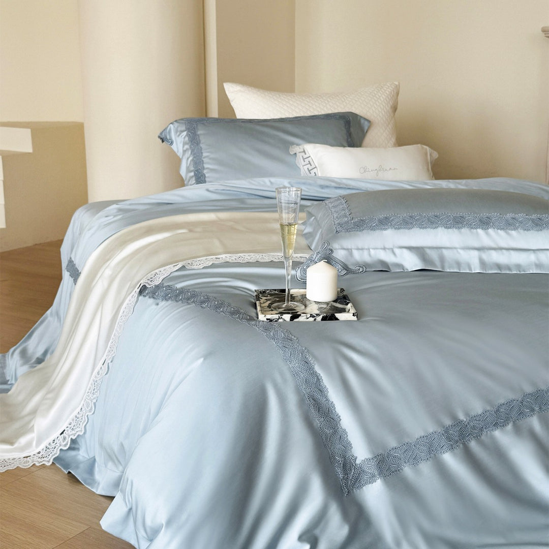 Silky Satin Duvet Ensemble with Floral Appliqué Embroidery, Scalloped Lace Border & Hidden Closure